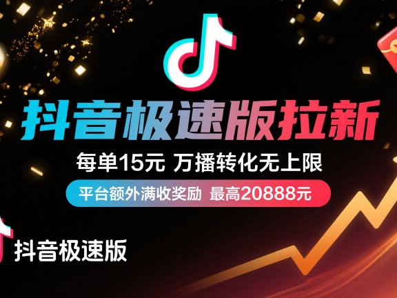 抖音极速版放福利,每单15元,万播转化无上限,平台额外满收奖励,最高可领20888元